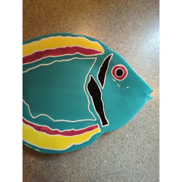 Decorative Tropical Fish Serving Plate Glazed Pottery Green Red Yellow 18x10x1.5 - Picture 3 of 8